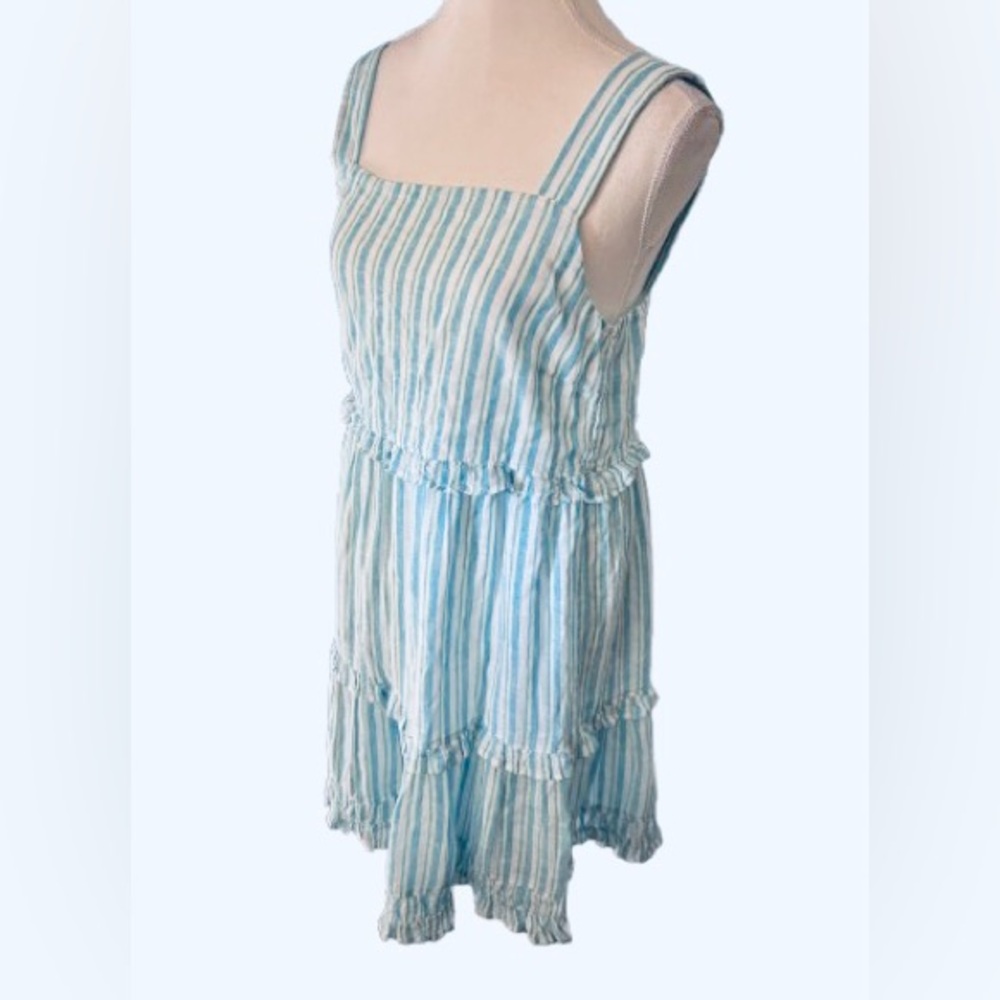 Rails Extra Small Linen Cotton Sandy Dress Laguna Beach, striping Aqua Designer